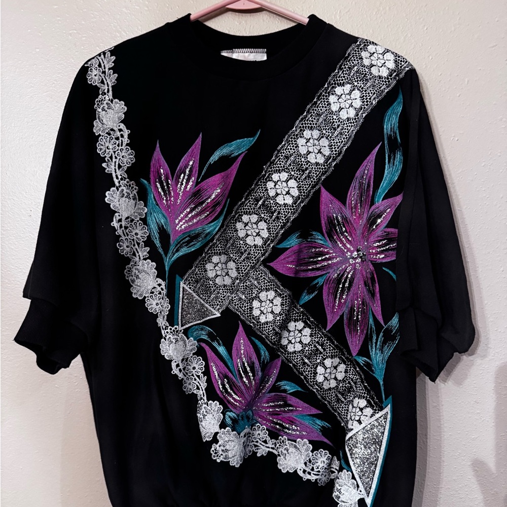 Vintage 80s black top with purple flowers, lace glitter and glam